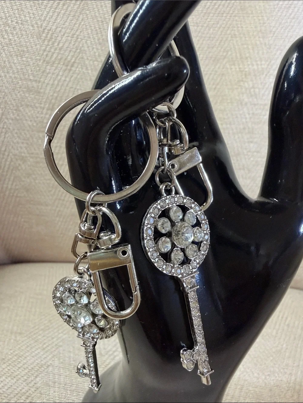 Rhinestone Key Charm Keychain - Silver Crystal Key Design (2)